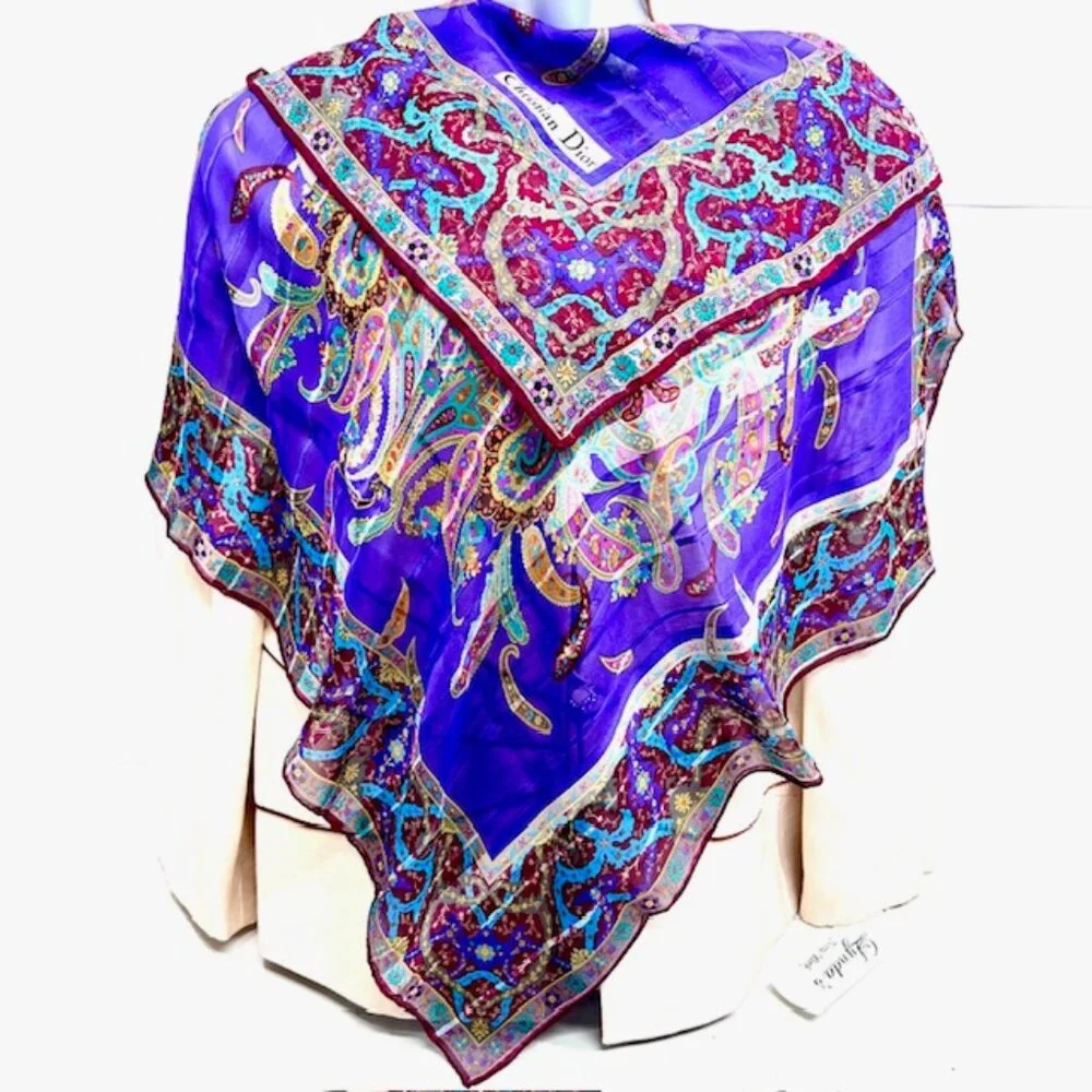 Christian Dior Soft 00% Silk Scarf Chiffon & Satin PurplePaisley Floral 31